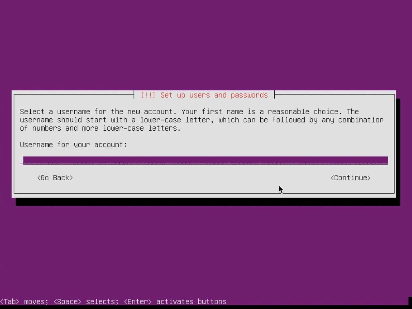 Ubuntu Server Installer enter username
