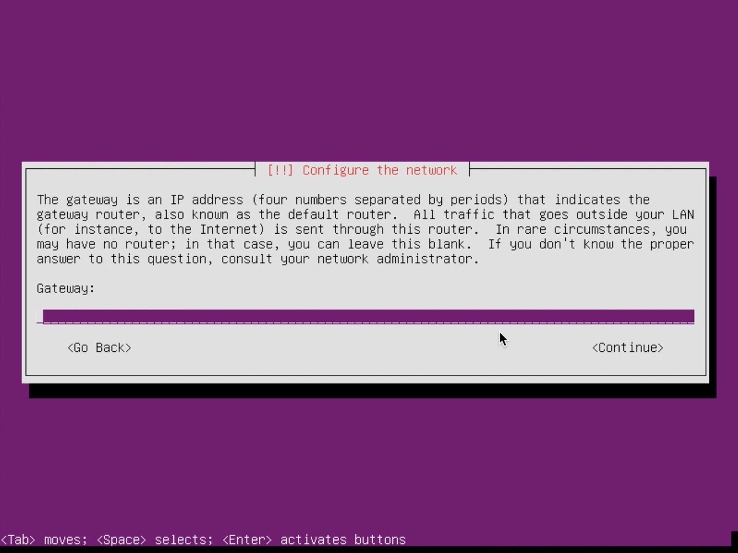 Ubuntu Server Installer enter gateway