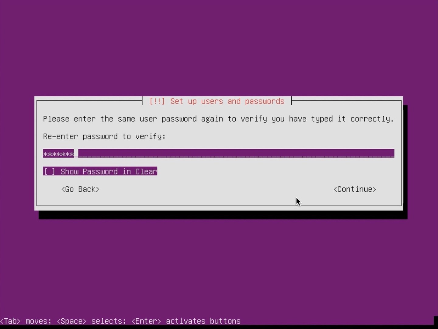 Ubuntu Server Installer reenter password