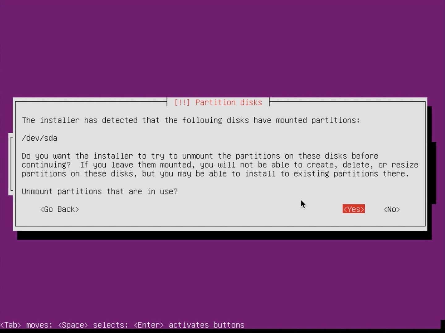 Ubuntu Server Installer unmount partitions