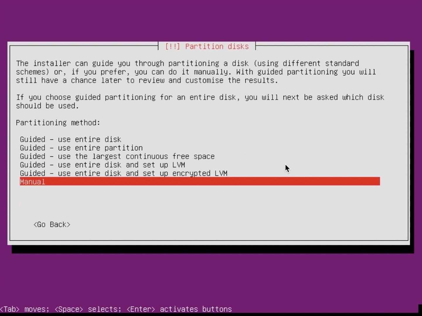 Ubuntu Server Installer select manual partition method