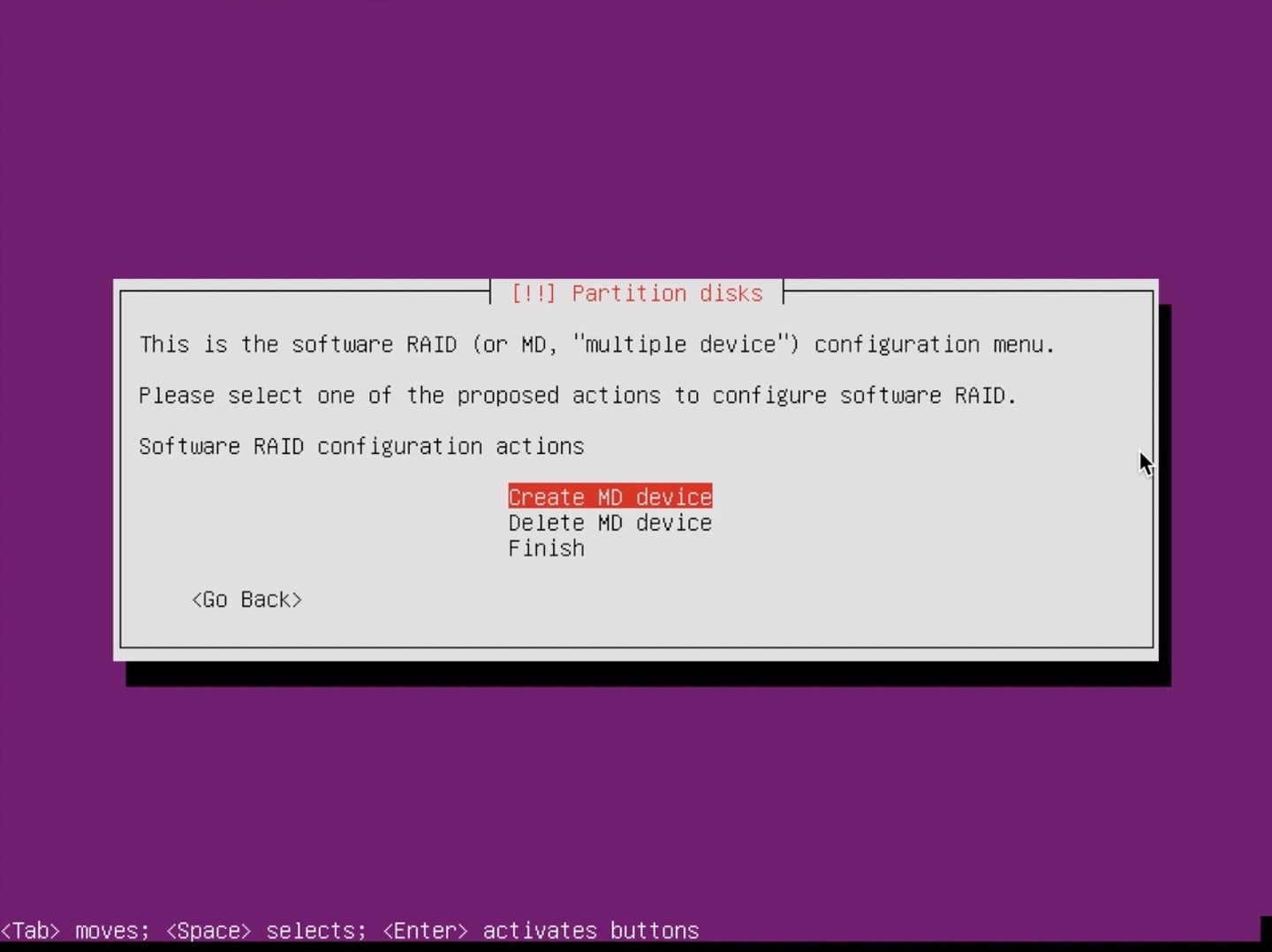 Ubuntu Server installer partition select create md