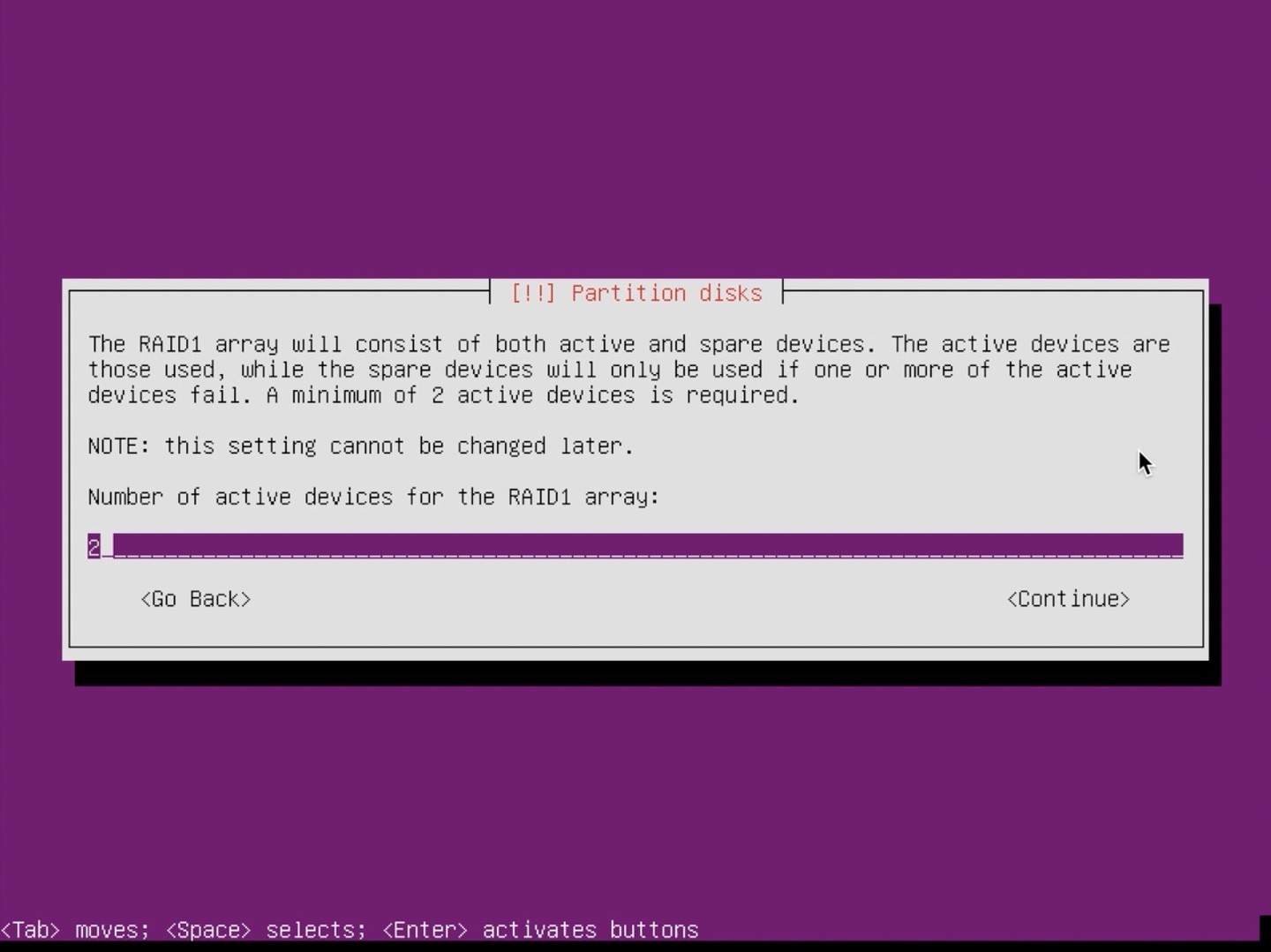 Ubuntu Server installer partition set 2 devices in array