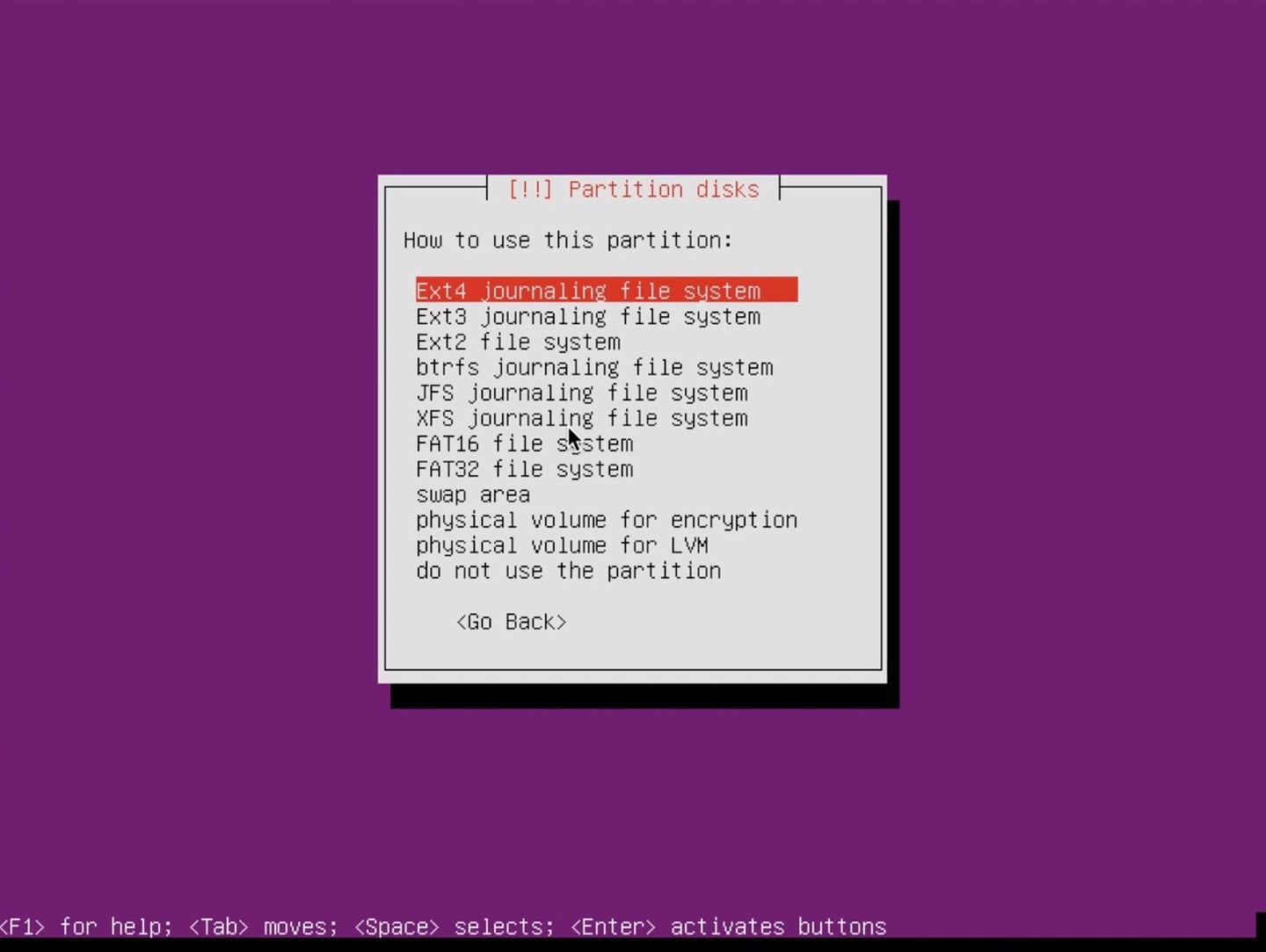 Ubuntu Server installer partition select ext4
