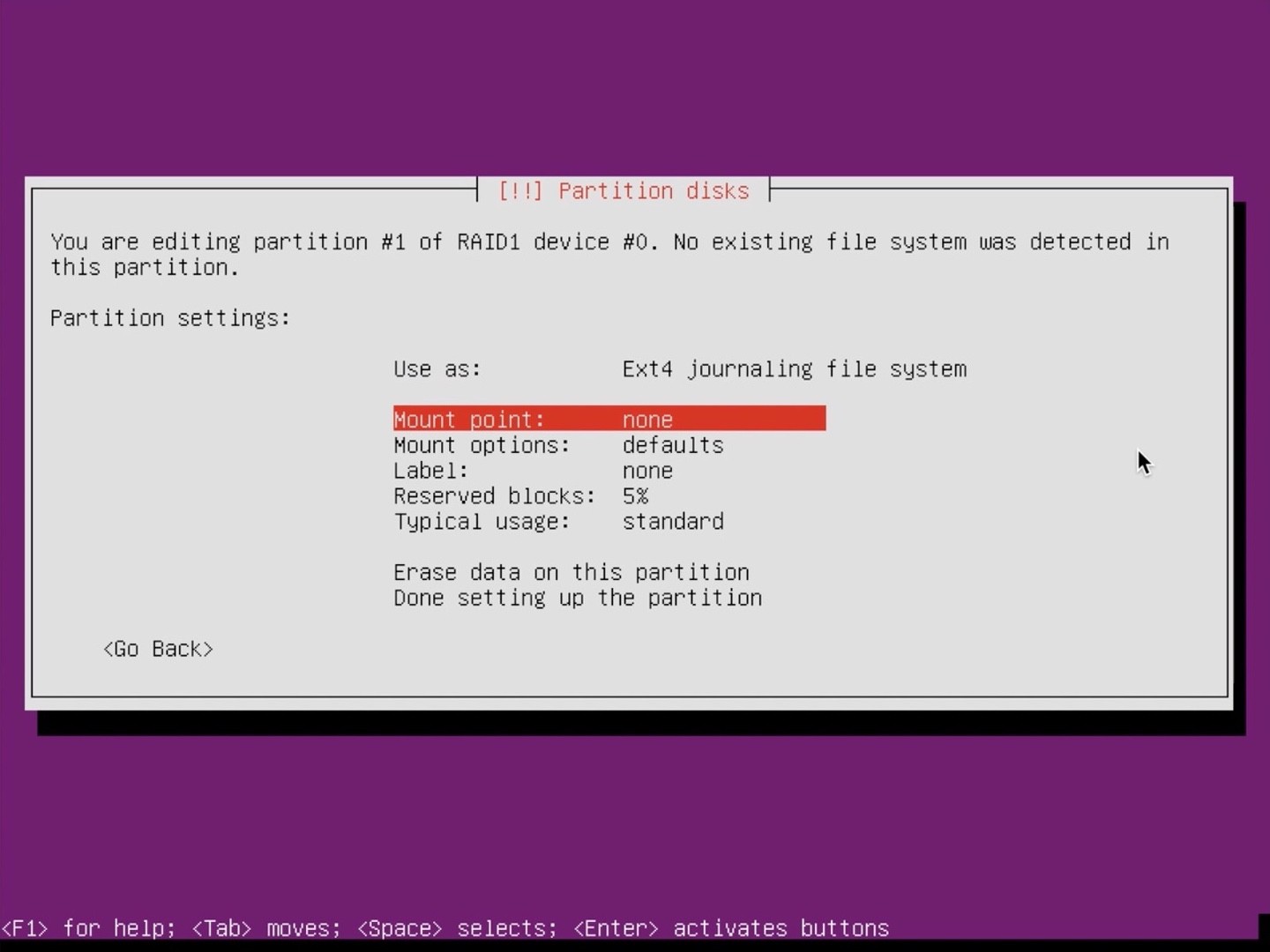 Ubuntu Server installer partition select mount point