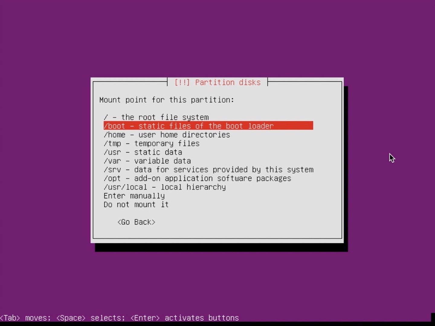Ubuntu Server installer partition set mount point to boot