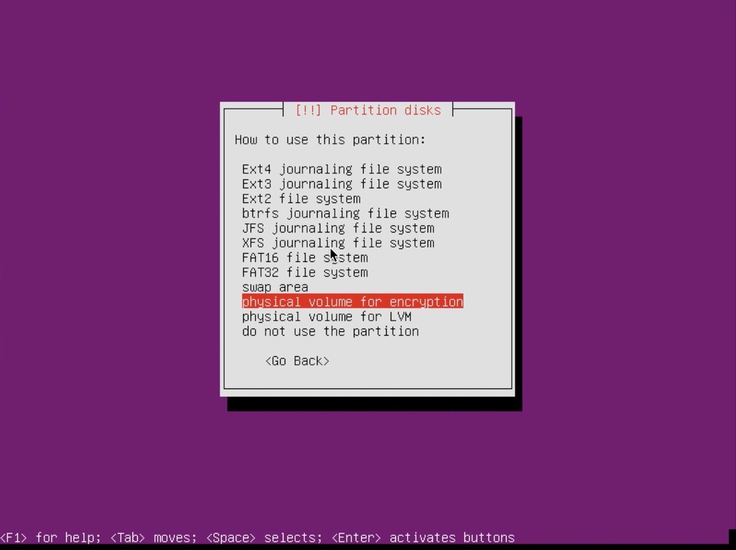 Ubuntu Server installer partition set to physical- olume for encryption