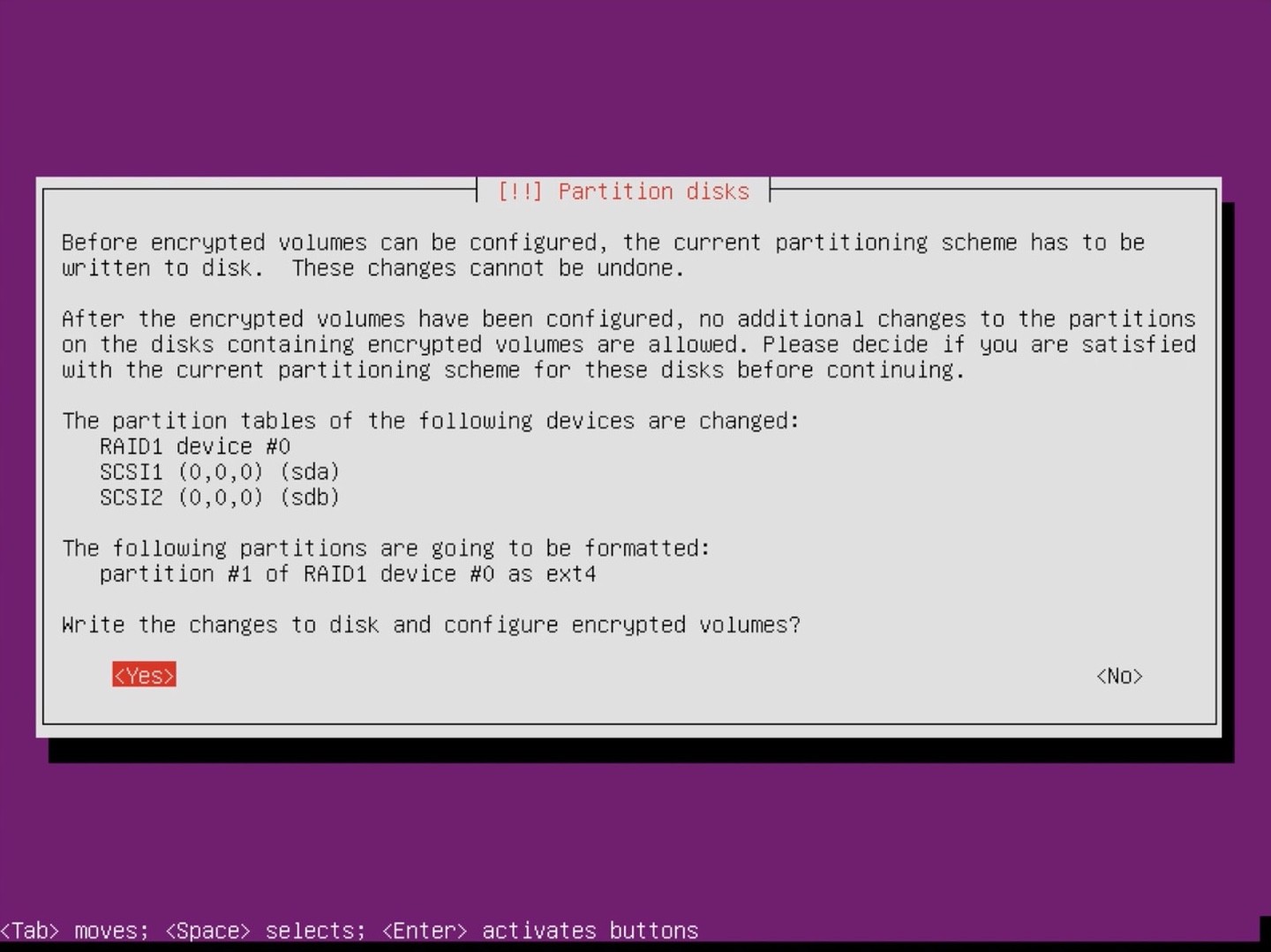 Ubuntu Server installer partition confirm