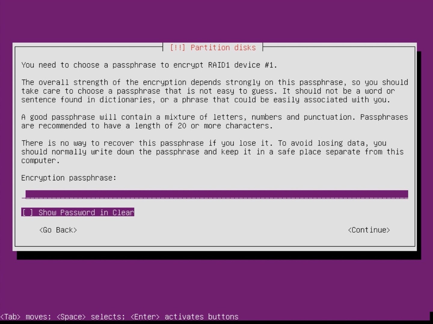 Ubuntu Server installer partition enter password
