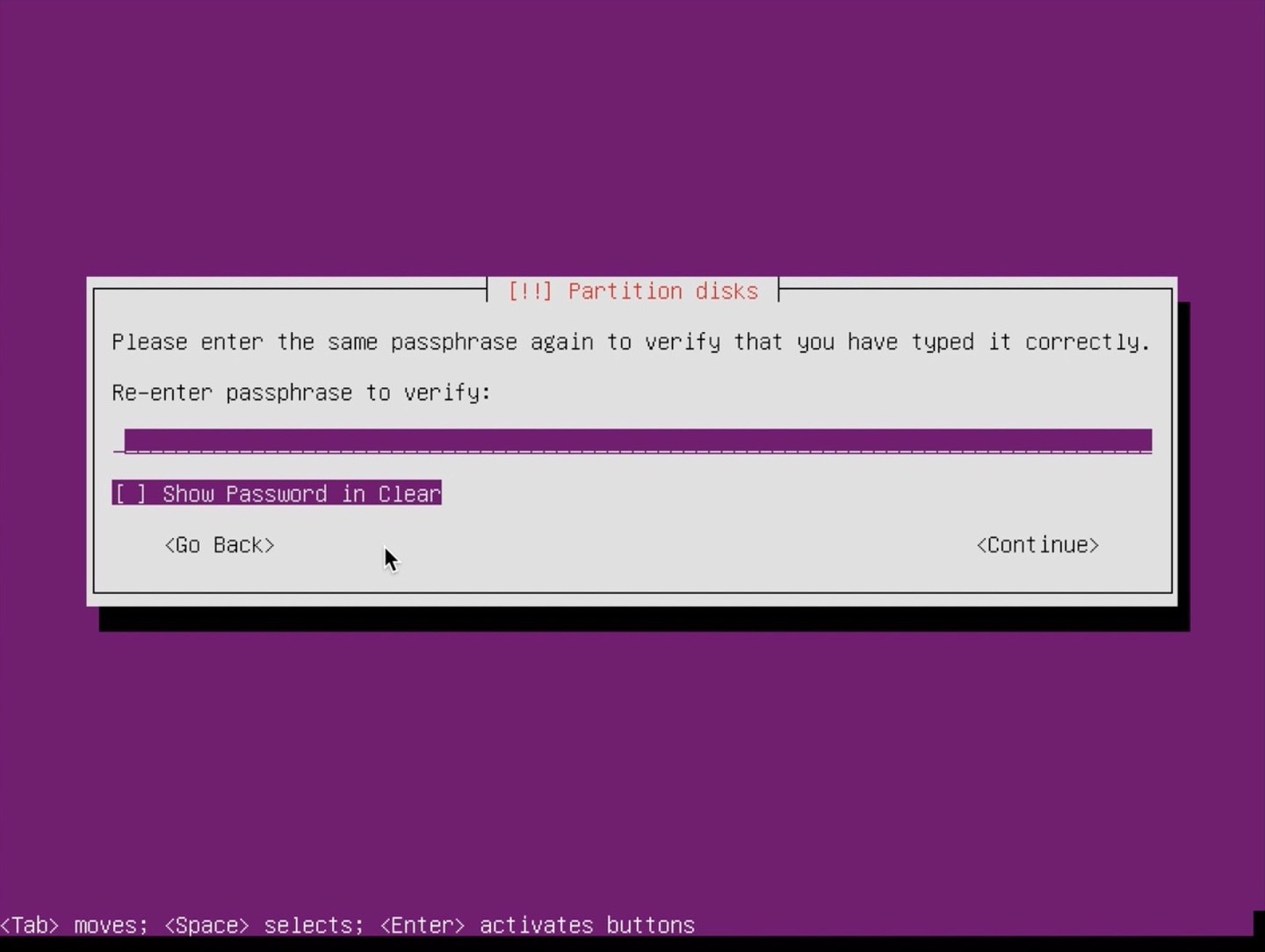 Ubuntu Server installer partition reenter password