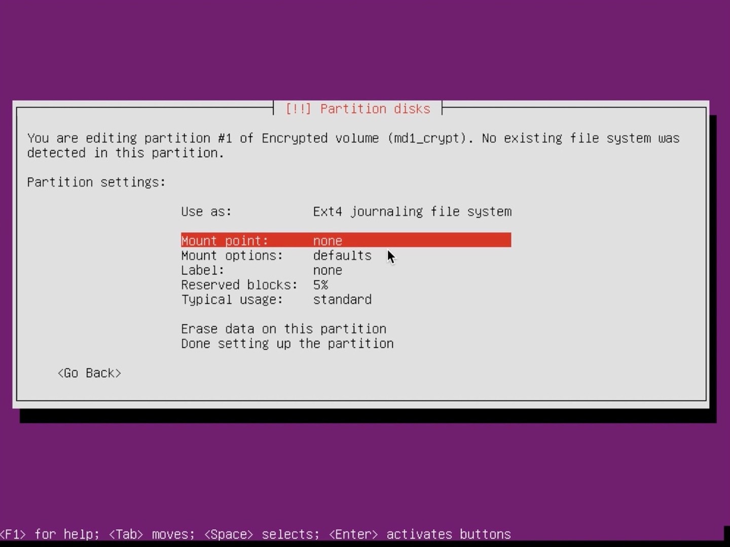Ubuntu Server installer partition select mount