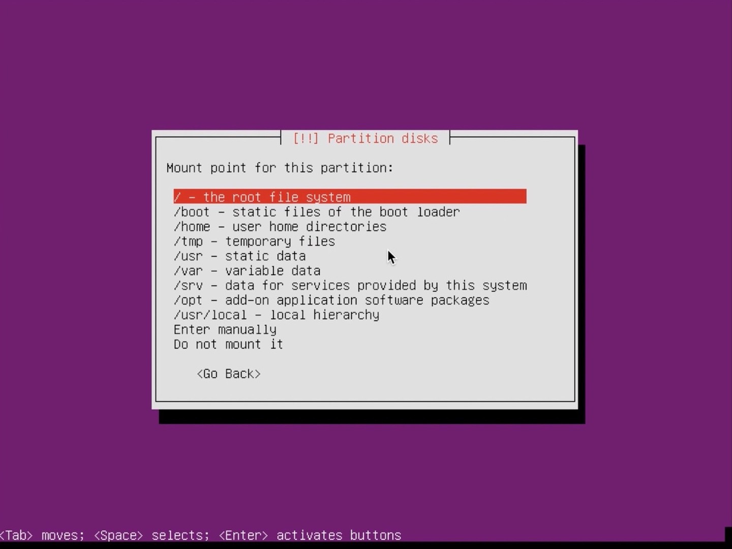 Ubuntu Server installer partition set mount to root
