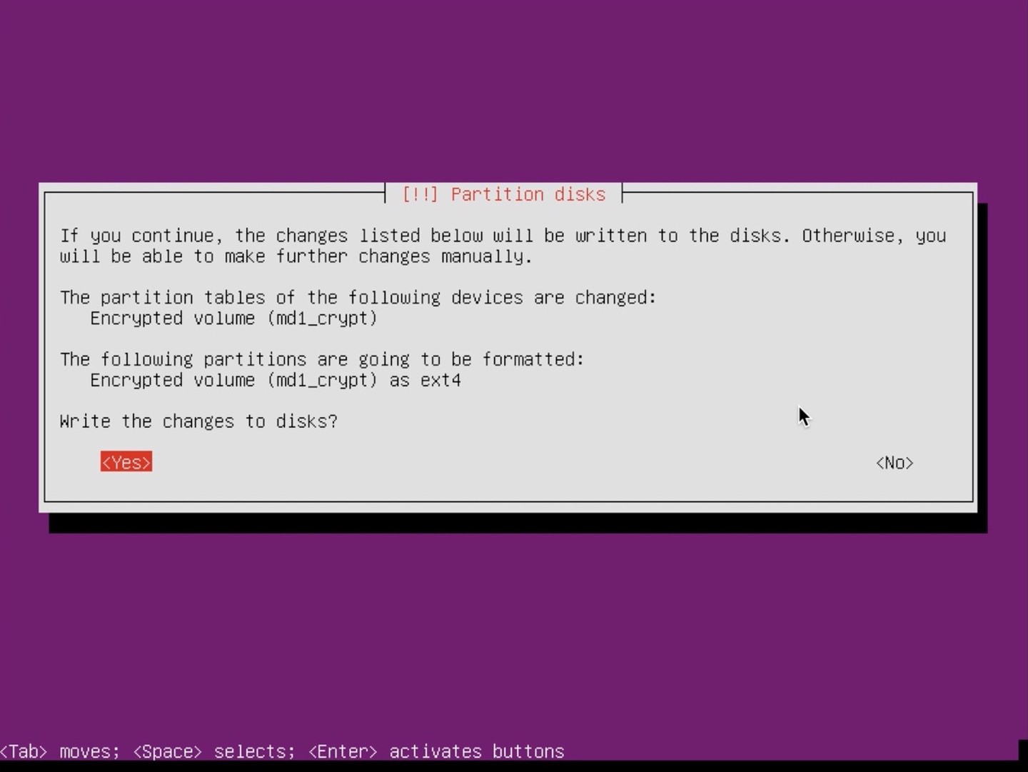 Ubuntu Server installer partition confirm